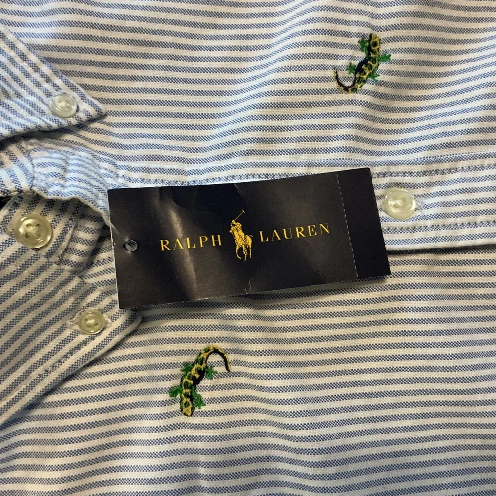 Ralph Lauren‎ Button Down Shirt Boys L 14-16 Pinstripe Lizard Embroidered Preppy